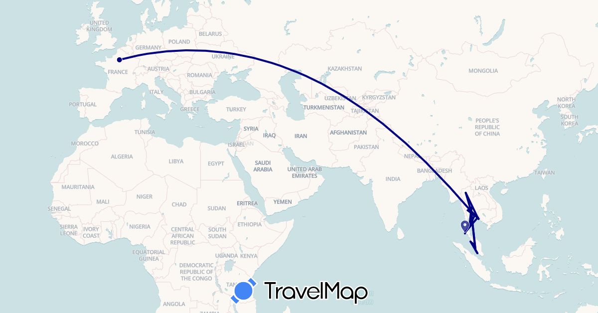 TravelMap itinerary: driving in France, Malaysia, Thailand (Asia, Europe)